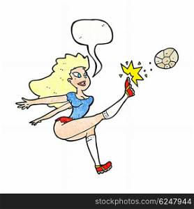 cartoon female soccer player kicking ball with speech bubble