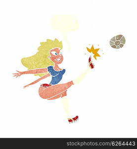 cartoon female soccer player kicking ball with speech bubble