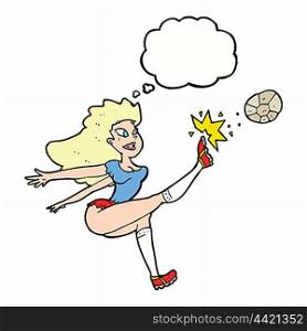 cartoon female soccer player kicking ball with thought bubble