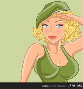 Cartoon female soldier gives honor. Vector illustration.