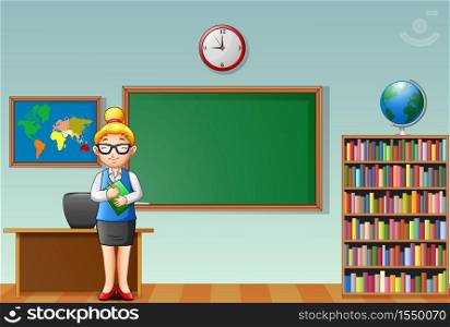 Cartoon female teacher standing in a classroom