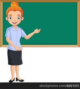 Cartoon female teacher standing next to a blackboard