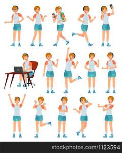 Cartoon female teenager character. Young teenage girl in different poses and actions vector illustration set. Cheerful modern schoolgirl in casual clothing pack. Trendy teen in different activities. Cartoon female teenager character. Young teenage girl in different poses and actions vector illustration set. Cheerful modern schoolgirl in casual clothing pack. Stylish teen in different activities