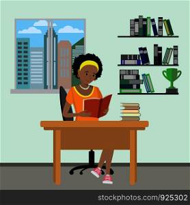 Cartoon female teenager read book,study at home, interior design with furniture,flat vector illustration. Cartoon female teenager read book,study at home,