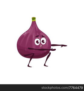 Cartoon fig fruit character. Happy smiling ripe fruit personage with happy smiling face doing squats training, vector funny fig character. Comic food mascot doing doing fitness exercises. Cartoon figs fruit character doing squats exercise