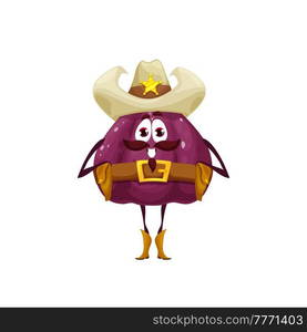 Cartoon fig sheriff character, vector fruit Wild West cowboy police officer. Funny fruit food emoji of fig Western policeman personage with cowboy hat, sheriff star badge, leather shoes and belt. Cartoon fig sheriff character, Wild West police