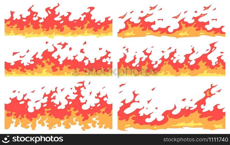 Cartoon fire border. Flame divider, bright fire flames borders and seamless blaze. Devil hell flaming burn fiery red frame dividers. Isolated icons vector set. Cartoon fire border. Flame divider, bright fire flames borders and seamless blaze vector set