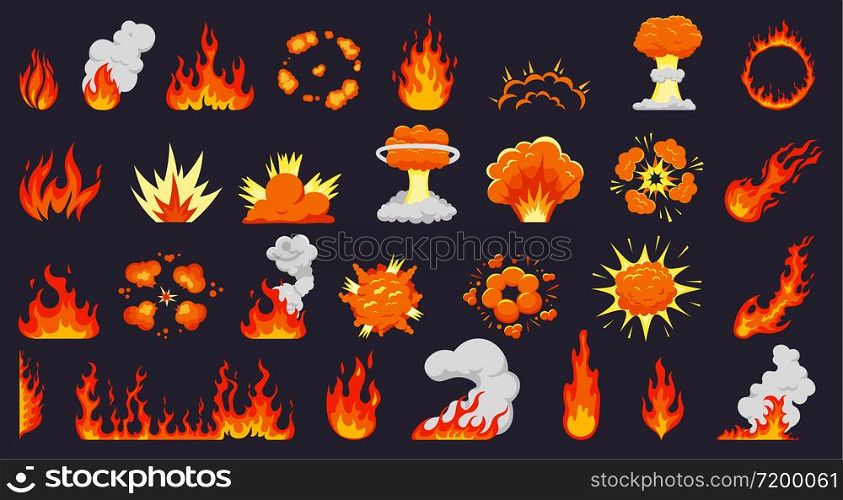 Cartoon fire explosions. Fire flames, hot campfire, explosive bomb clouds, flaming explode. Flame silhouettes isolated vector illustration set. Fire power, smoke blast, dynamite boom collection. Cartoon fire explosions. Fire flames, hot campfire, explosive bomb clouds, flaming explode. Flame silhouettes isolated vector illustration set