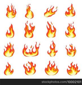 Cartoon fire flame. Fires comic images, bonfire flaming ignition, evil hell blaze. Hot temperature and fever icons flat vector set. Illustration hot flame, burn bonfire, flammable animation. Cartoon fire flame. Fires comic images, bonfire flaming ignition, evil hell blaze. Hot temperature and fever icons flat vector set