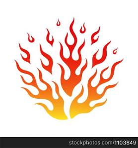 Cartoon fire flame flammable emblem. Bright flames of fire in hot blaze bonfire in yellow, orange and red colors isolated on white background. Vector illustration for emergency sign or burning tattoo.. Bright fire flame in cartoon bonfire hot tattoo