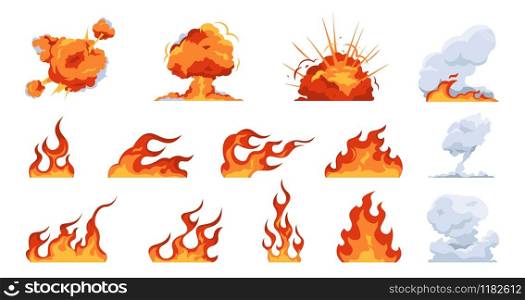 Cartoon fire flame. Flat fireball smoke and explosion effects, flames of different shapes. Vector fire ignition and heat danger set. Fireball illustration and flaming collection symbol. Cartoon fire flame. Flat fireball smoke and explosion effects, flames of different shapes. Vector fire ignition and heat danger set