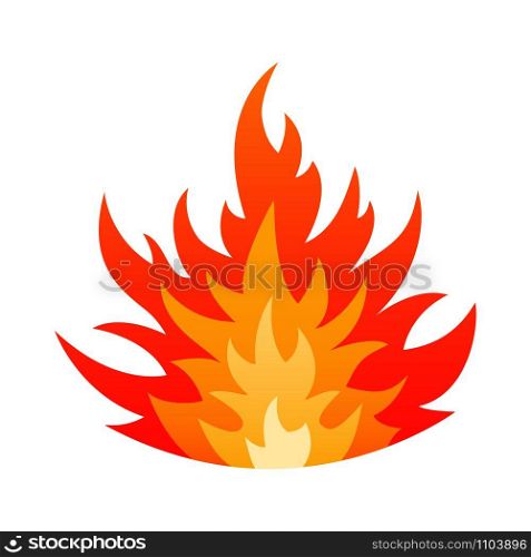 Cartoon fire flame safety sign concept. Gas explosion danger design with burning bonfire flames in orange, yellow and red colors isolated on white background. Vector illustration for hell heat emblem. Cartoon blazing fire flame safety sign concept