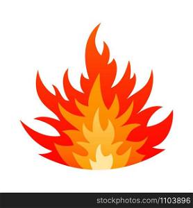 Cartoon fire flame safety sign concept. Gas explosion danger design with burning bonfire flames in orange, yellow and red colors isolated on white background. Vector illustration for hell heat emblem. Cartoon blazing fire flame safety sign concept