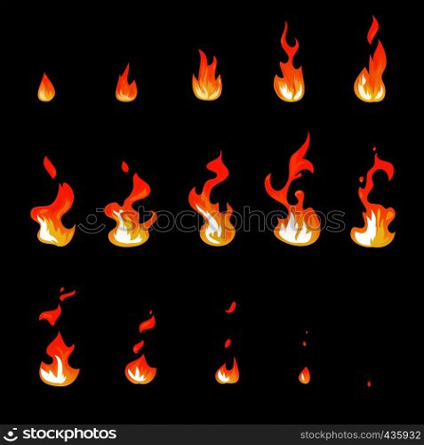Cartoon fire flame sheet sprite animation vector set. Illustration of fire motion animation, hot flame cartoon animated. Cartoon fire flame sheet sprite animation vector set