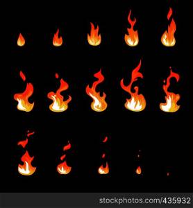 Cartoon fire flame sheet sprite animation vector set. Illustration of fire motion animation, hot flame cartoon animated. Cartoon fire flame sheet sprite animation vector set