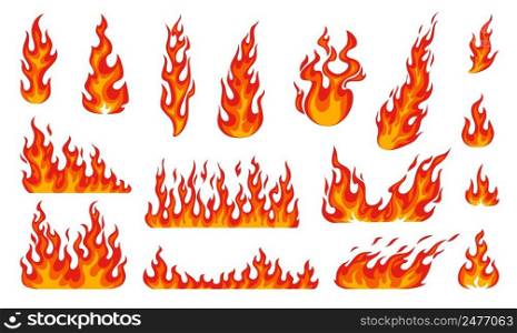 Cartoon fire flames, bonfire fire and burning fireballs, vector icons set. Red hot flames of c&fire, wildfire firewall or burning torch heat, flammable symbols and burning effects of hell blaze. Cartoon fire flames, bonfire fire, burning flames