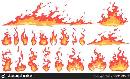 Cartoon fire flames. Fireball flame, red hot fire and campfire fiery silhouettes vector set. Burning effect, dangerous natural phenomenon. Blazing wildfire, bonfires isolated on white background. Cartoon fire flames. Fireball flame, red hot fire and campfire fiery silhouettes vector set. Burning effect, dangerous natural phenomenon. Blazing wildfire isolated on white background