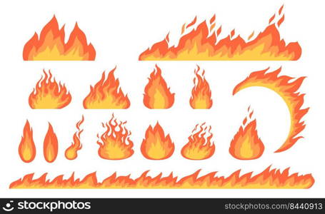 Cartoon fire flames flat vector collection. Cartoon car speed igniting symbol, c&fire fiery silhouettes, hot blaze illustration set. Burning effects and bonfires concept 