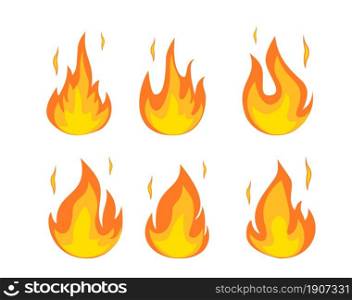 Cartoon fire flames set. Ignition light effect, flaming symbols. Hot flame energy, effect fire animation. Bonfire, motion footage. Vector illustration in flat style. Cartoon fire flames set.