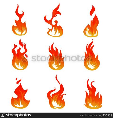 Cartoon fire flames vector set. Ignition light effect, flaming symbols. Hot flame energy, effect fire animation illustration. Cartoon fire flames vector set. Ignition light effect, flaming symbols