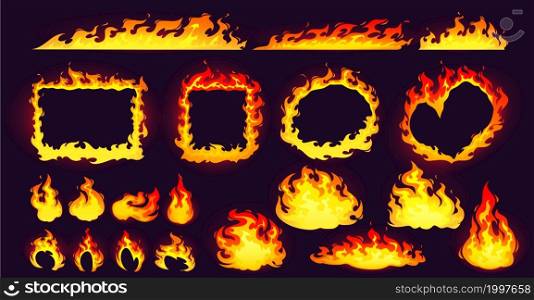 Cartoon fire frames and bonfire, rectangular, square, round and heart shaped burning borders with long red and yellow flame tongues on edges isolated blazing borders 2d elements, Vector icons set. Cartoon fire frames and bonfire, blazing borders