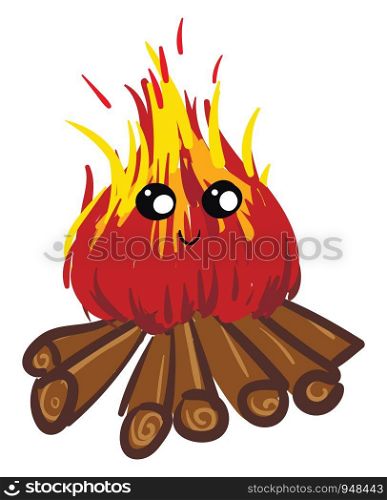 Cartoon fire with face hand drawn design, illustration, vector on white background.