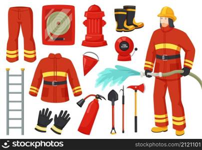 Cartoon firefighter character with fire fighting equipment and tools. Fireman uniform, hydrant, fire alarm, extinguisher, firehose vector set. Emergency service for safety and protection. Cartoon firefighter character with fire fighting equipment and tools. Fireman uniform, hydrant, fire alarm, extinguisher, firehose vector set