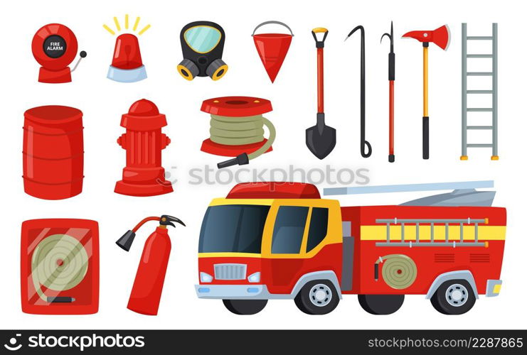 Cartoon firefighter equipment and tools, axe, extinguisher and firehose. Fire truck, hydrant, bucket, firefighting elements vector set. Illustration of firefighter tools. Cartoon firefighter equipment and tools, axe, extinguisher and firehose. Fire truck, hydrant, bucket, firefighting elements vector set