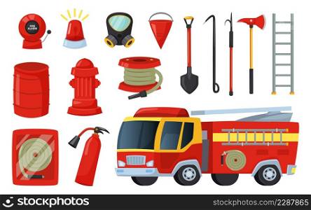 Cartoon firefighter equipment and tools, axe, extinguisher and firehose. Fire truck, hydrant, bucket, firefighting elements vector set. Illustration of firefighter tools. Cartoon firefighter equipment and tools, axe, extinguisher and firehose. Fire truck, hydrant, bucket, firefighting elements vector set