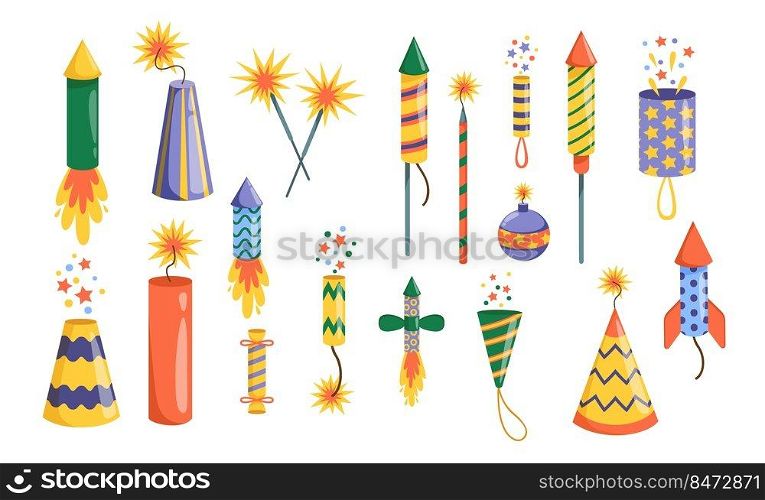 Cartoon fireworks. Colorful pyrotechnic rockets for party and celebration, explosive firework elements. Vector isolated set boxes pyrotechnics party. Cartoon fireworks. Colorful pyrotechnic rockets for party and celebration, explosive firework elements. Vector isolated set