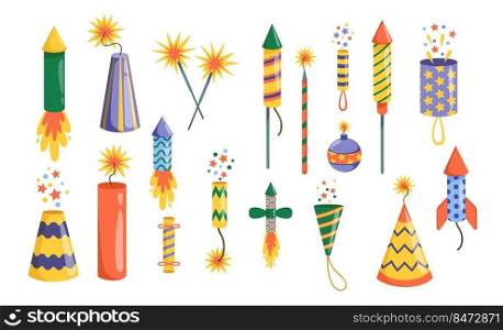 Cartoon fireworks. Colorful pyrotechnic rockets for party and celebration, explosive firework elements. Vector isolated set boxes pyrotechnics party. Cartoon fireworks. Colorful pyrotechnic rockets for party and celebration, explosive firework elements. Vector isolated set