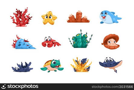 Cartoon fish and seaweed. Green underwater algae, ocean and aquarium inhabitants with big eyes and adorable faces, dolphin and crab, turtle and stingray, sea fish kids illustration. Vector isolated set. Cartoon fish and seaweed. Green underwater algae, ocean and aquarium inhabitants with big eyes and adorable faces, dolphin and crab, sea fish kids illustration. Vector isolated set