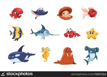 Cartoon fish characters. Cute underwater animal mascots, big eyes and adorable faces, sea and ocean habitats for childrens illustration. Funny walrus and shark, seahorse and crab, vector isolated set. Cartoon fish characters. Cute underwater animal mascots, big eyes and adorable faces, sea and ocean habitats for childrens illustration. Funny walrus and shark, vector isolated set