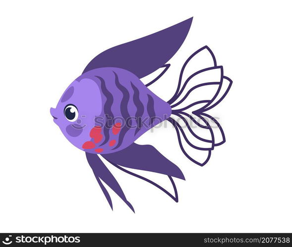 Cartoon fish. Cute violet marine animal. Underwater tropical creature with long fin tails and purple scales. Isolated aquarium decorative exotic element. Coral reef inhabitant. Vector swimming pet. Cartoon fish. Violet marine animal. Underwater tropical creature with long fin tails and purple scales. Aquarium decorative exotic element. Coral reef inhabitant. Vector swimming pet