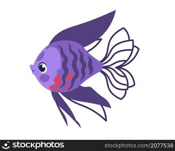 Cartoon fish. Cute violet marine animal. Underwater tropical creature with long fin tails and purple scales. Isolated aquarium decorative exotic element. Coral reef inhabitant. Vector swimming pet. Cartoon fish. Violet marine animal. Underwater tropical creature with long fin tails and purple scales. Aquarium decorative exotic element. Coral reef inhabitant. Vector swimming pet
