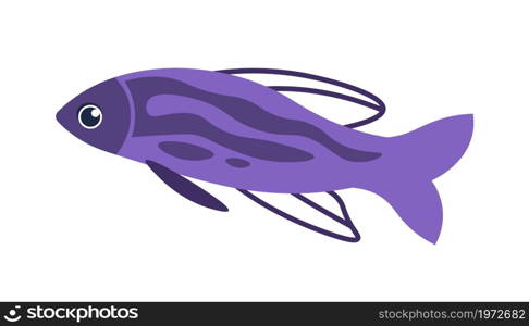 Cartoon fish. Doodle ocean cute animal. Violet marine swimming creature. Isolated aquarium bright element template. Aquatic pet with purple scales and fins. Vector underwater exotic fauna mockup. Cartoon fish. Doodle ocean cute animal. Violet marine swimming creature. Isolated aquarium element template. Aquatic pet with purple scales and fins. Vector underwater exotic fauna