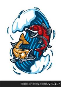 Cartoon fish mascot or fishing sport tattoo with big fishes in sea wave, vector emblem. Aggressive tuna, trout or carp and walleye fishes fighting, mascot badge for sport club or team players mascot. Fish mascot, fishing sport tattoo, fishes in wave