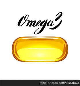 Cartoon fish oil capsule on a white background with lettering. Useful vitamins Omega 3. Vector object with calligraphy for cards, banners and your design.. Cartoon fish oil capsule on a white background with lettering. Useful vitamins Omega 3. Vector object with calligraphy