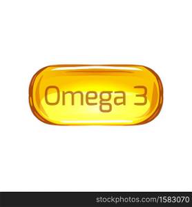 Cartoon fish oil capsule on a white background with lettering. Useful vitamins Omega 3. Vector object with calligraphy for cards, banners and your design.. Cartoon fish oil capsule on a white background with lettering. Useful vitamins Omega 3. Vector object