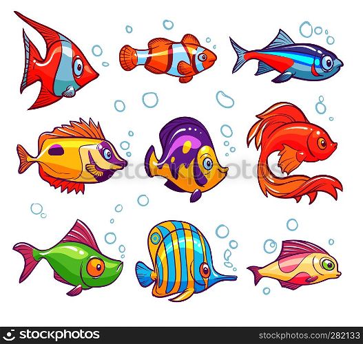 Cartoon fishes. Aquarium sea tropical fish funny underwater animals. Goldfish kids vector isolated illustrations. Cartoon fishes. Aquarium sea tropical fish funny underwater animals. Goldfish kids vector isolated set