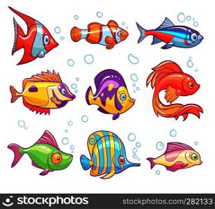Cartoon fishes. Aquarium sea tropical fish funny underwater animals. Goldfish kids vector isolated illustrations. Cartoon fishes. Aquarium sea tropical fish funny underwater animals. Goldfish kids vector isolated set