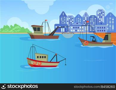 Cartoon fishing boats in harbor flat vector illustration. Three trawlers shipping seafood near landing pier and city background. Ocean, marine industry, sea fishing, transportation concept for design
