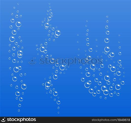 Cartoon fizzing flow of air underwater bubbles in water, soda, sea. Foam bubbles. Vector illustration on blue background