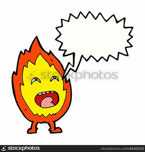 cartoon flame character with speech bubble