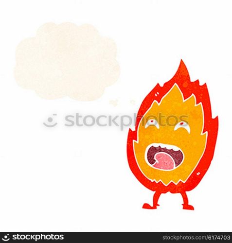 cartoon flame character with thought bubble