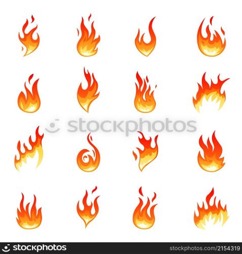 Cartoon flame collection. Hot fire flames, isolated glowing red heat. Heating graphic elements, torch effect. Bonfire shapes recent vector icons. Illustration of fire and bonfire collection. Cartoon flame collection. Hot fire flames, isolated glowing red heat. Heating graphic elements, torch effect. Bonfire shapes recent vector icons
