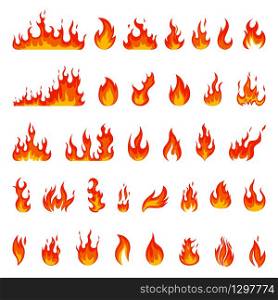 Cartoon flame. Fire fireball, red hot campfire, yellow heat wildfire and bonfire, burn power fiery silhouettes isolated vector illustration set. Fireball power light, flame bonfire energy. Cartoon flame. Fire fireball, red hot campfire, yellow heat wildfire and bonfire, burn power fiery silhouettes isolated vector illustration set