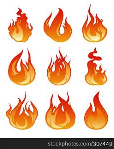 Cartoon flame set. Vector illustration of fire flaming. Energy hot fire collection, bonfire flame on white background. Cartoon flame set. Vector illustration of fire flaming