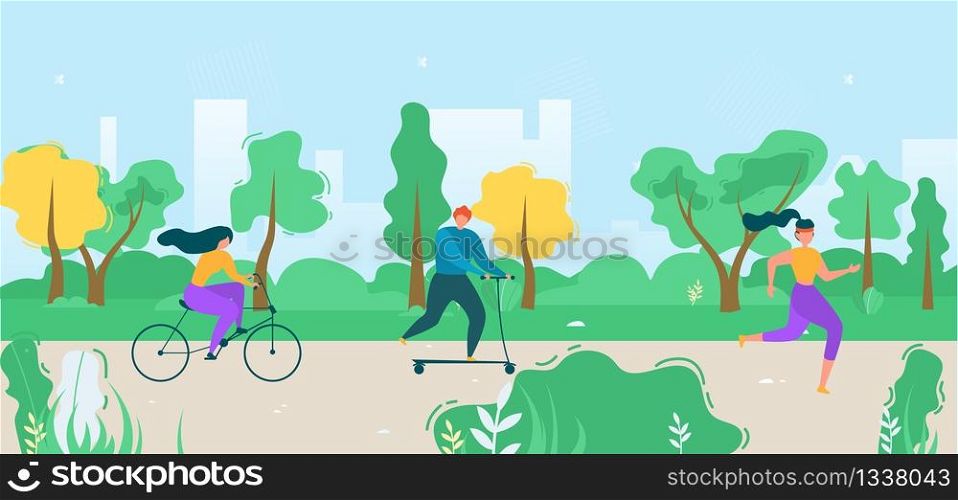 Cartoon Flat Active People City Dwellers Illustration. Vector Male and Female Sporty Characters Riding Bicycle, Going Scooter and Running. Healthy Recreation in Park. Outdoors Activities and Trainings. Cartoon Active People City Dwellers Illustration