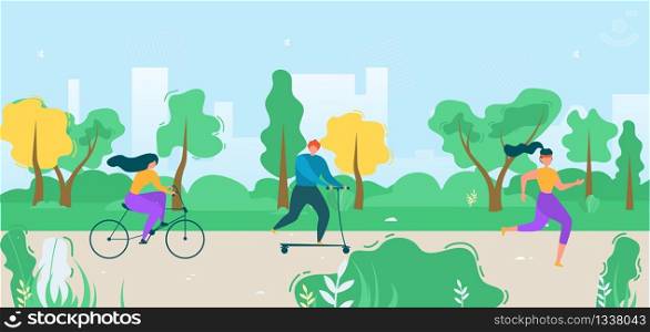 Cartoon Flat Active People City Dwellers Illustration. Vector Male and Female Sporty Characters Riding Bicycle, Going Scooter and Running. Healthy Recreation in Park. Outdoors Activities and Trainings. Cartoon Active People City Dwellers Illustration